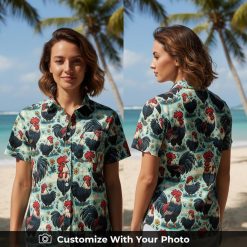 Hawaiian shirt with rooster face print worn by woman in colorful countryside picnic