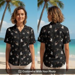 Hawaiian shirt with black rooster face print worn by woman outdoors in sunlight