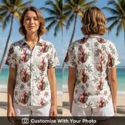 Hawaiian shirt with rooster face print worn by woman at golden hour beach