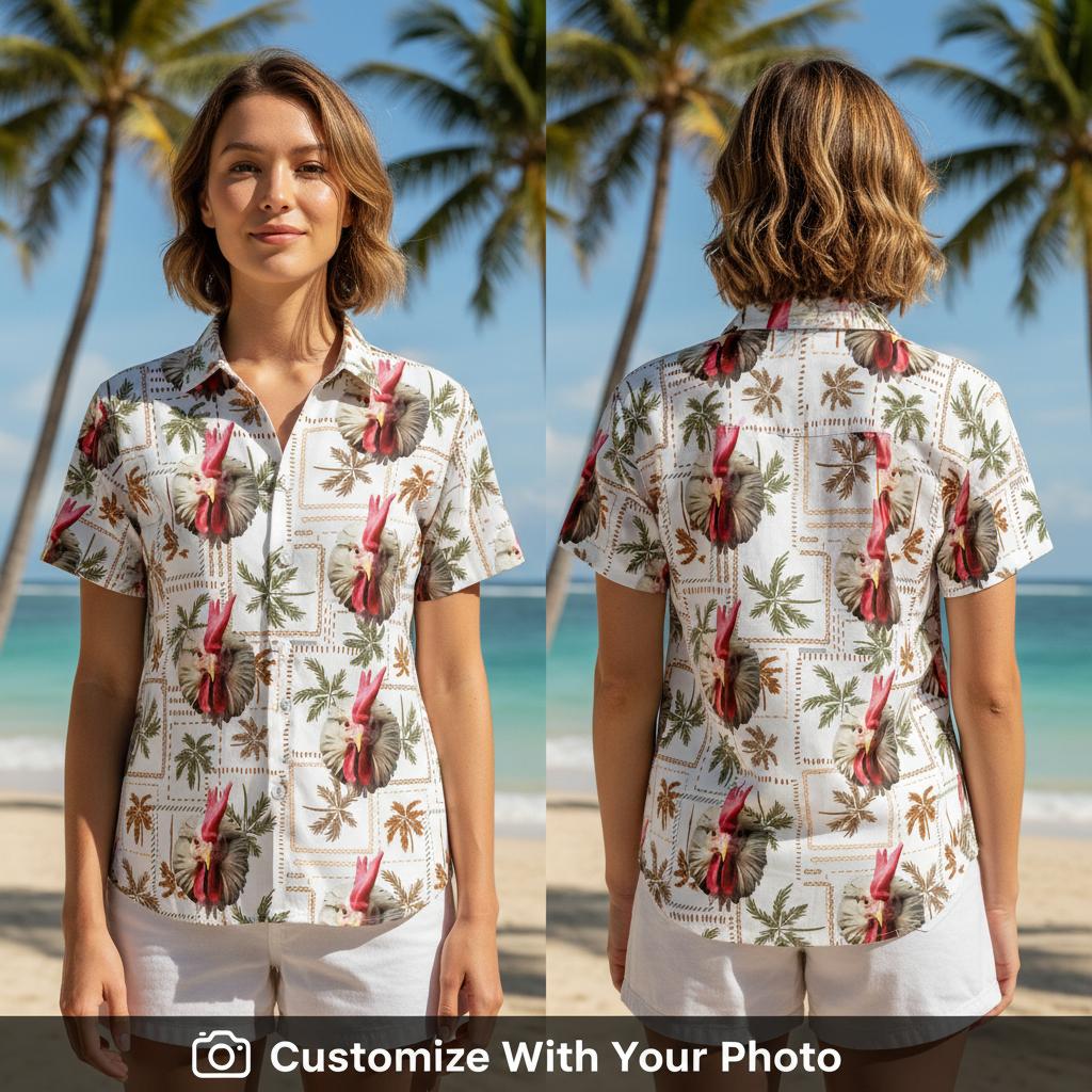 Hawaiian shirt with rooster face print worn by woman at golden hour beach