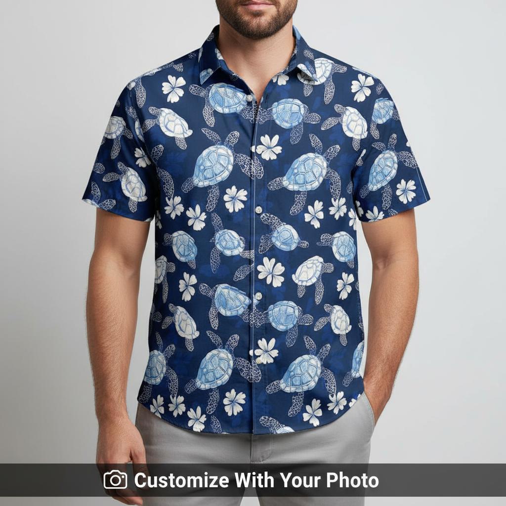 Hawaiian shirt with sea turtle face print worn by man along a coastal sunset view