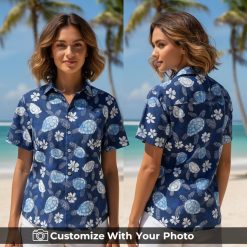 Hawaiian shirt with sea turtle face print worn by woman at sunset beach party