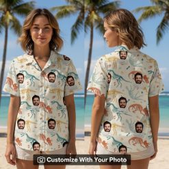 Woman wearing Hawaiian Aloha shirt with dinosaur skeletons and custom face pattern