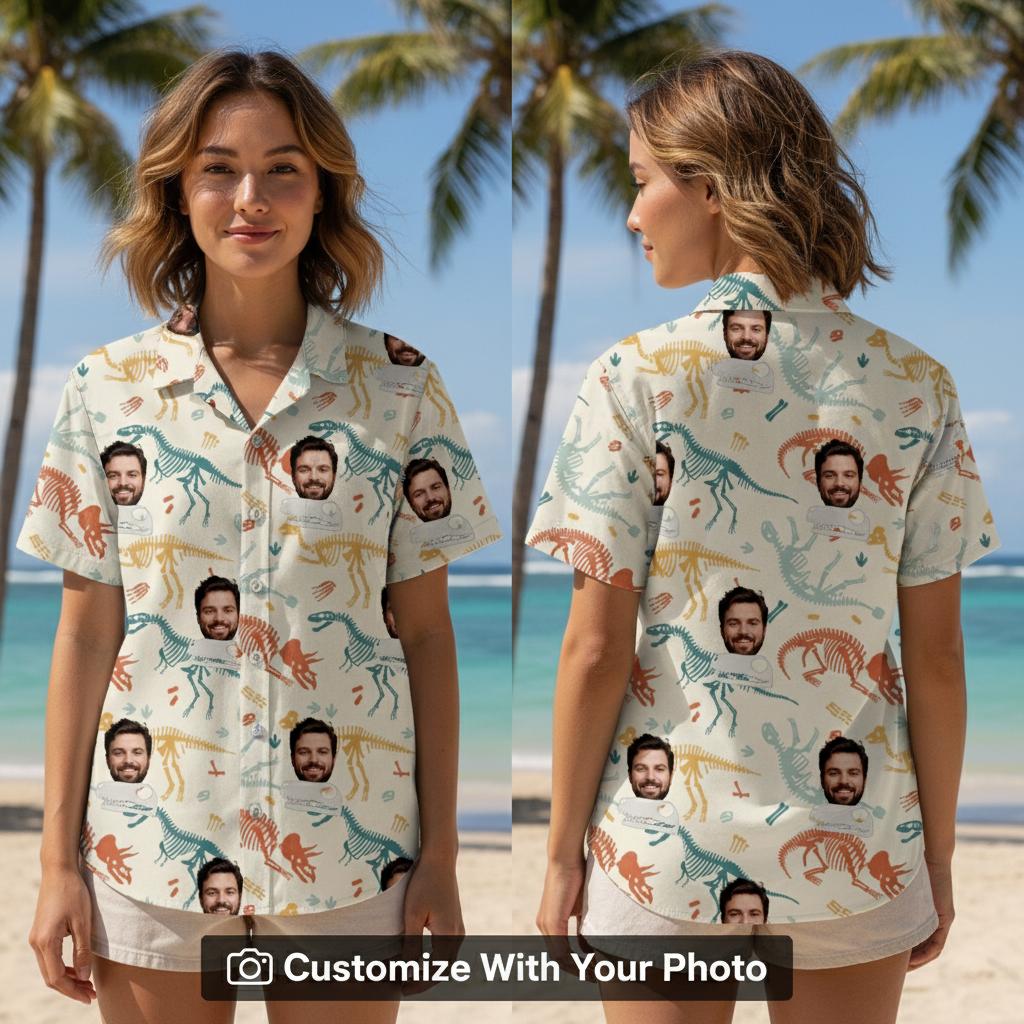 hawaiian aloha shirts mens — dinosaur skeleton pattern custom face tropical design