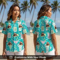 Woman wearing turquoise Hawaiian shirt with cocktail print and sunglasses face design