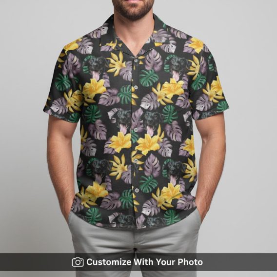 hawaiian shirts with dogs tropical leaves worn by man on beach at dusk