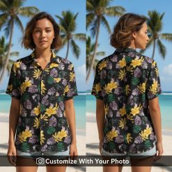 hawaiian shirts with dogs and yellow lilies on woman at sunset beach