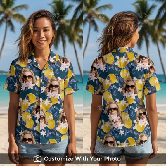 Woman wearing stylish Hawaiian top with lemons, pink flowers, and blue leaves outdoors