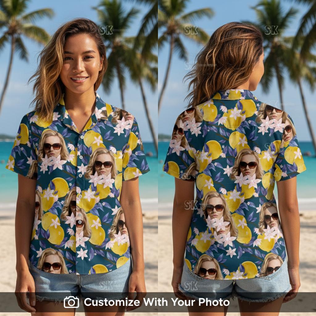 hawaiian tops women custom — tropical floral shirt with lemons and blue flowers on woman