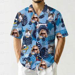 Cats person wearing sunglasses monster trucks scattered across jeep hawaiian shirt background