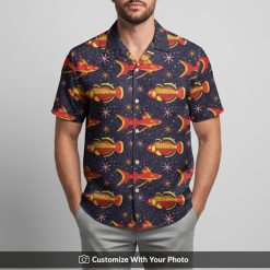 koi fish hawaiian shirt featuring orange fish on man at beach party sunset