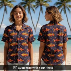 koi fish hawaiian shirt with bold orange fish worn by woman at beach party