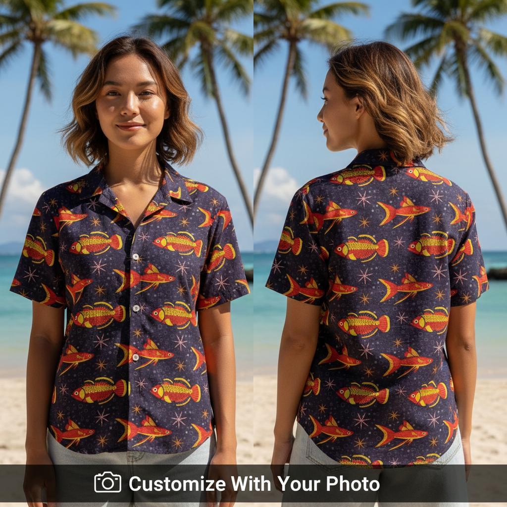 Koi Fish Hawaiian Shirt Custom Photo Print Tropical Beach Wear Gift ALT: Custom koi fish Hawaiian shirt with tropical beach background and sunset lighting