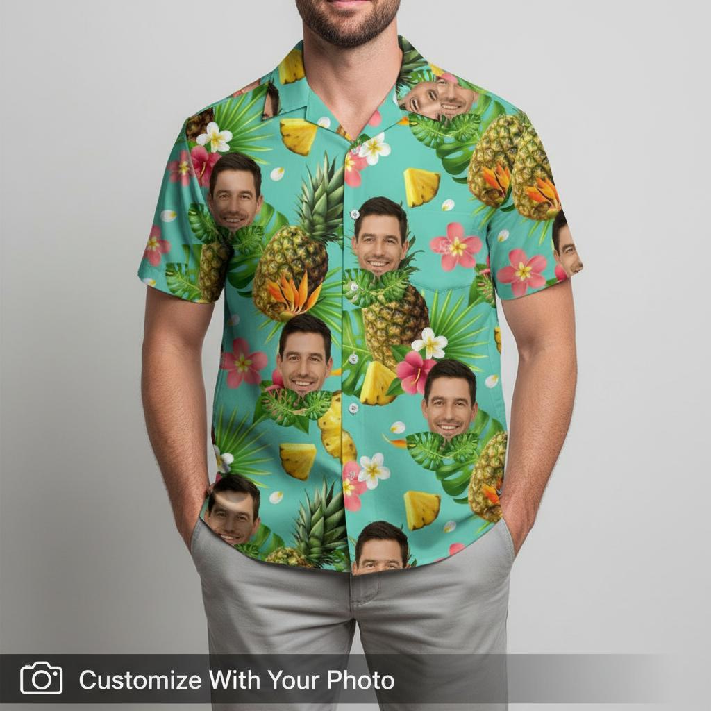 Man in personalized Hawaiian shirt with his face and a tropical pineapple print background