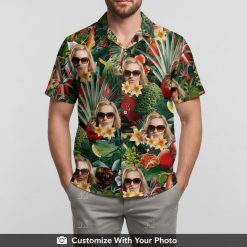 Man in Tropical Fruit Hawaiian Shirt featuring custom face and lively fruit pattern