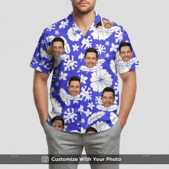 Man wearing custom Hawaiian shirt with personalized face and white tropical leaves