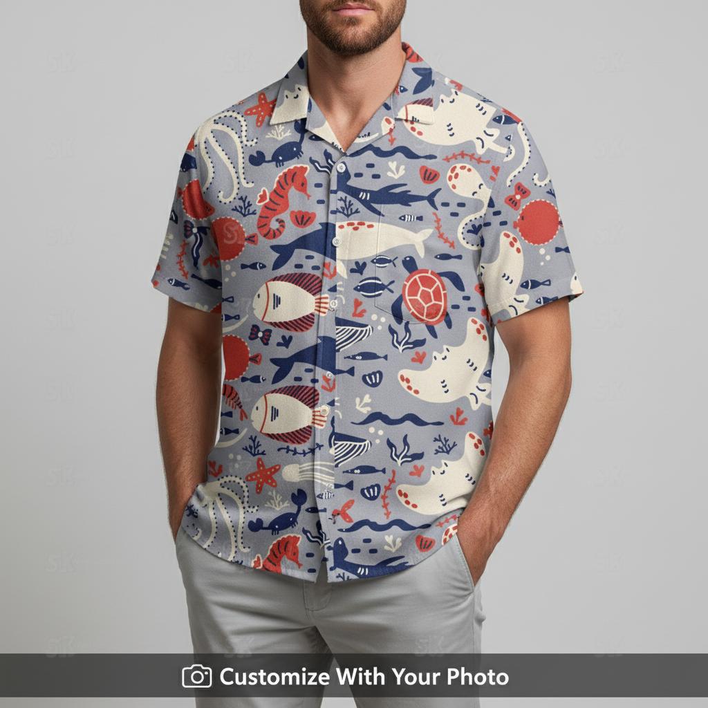 ocean hawaiian shirt men — sea animals whale dolphin pattern beach wear