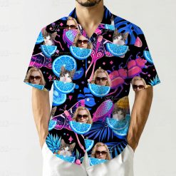 Mango hawaiian shirt showing cat faces blue citrus fruit tropical leaves geometric shapes