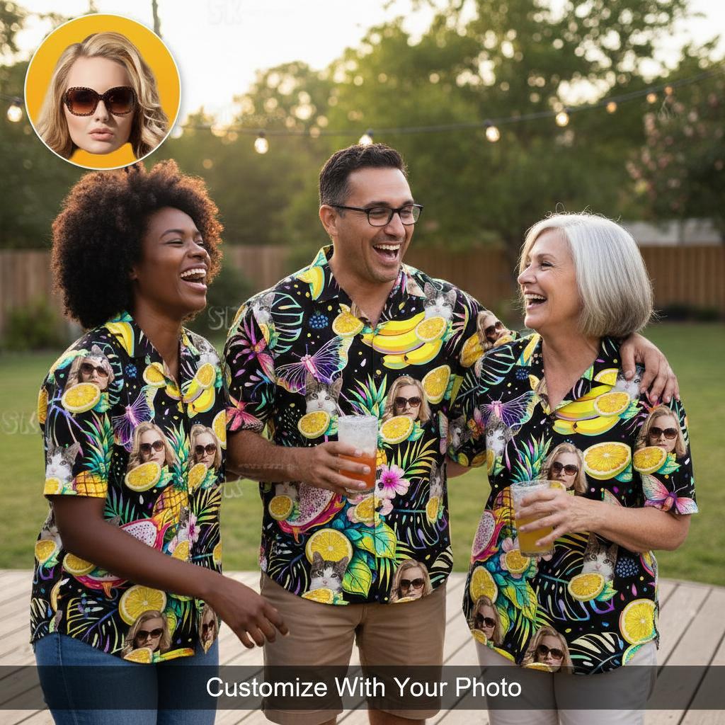 Family Matching Banana Hawaiian Shirts at Backyard BBQ Party Gathering Event Group wearing matching banana hawaiian shirts at backyard BBQ with string lights background