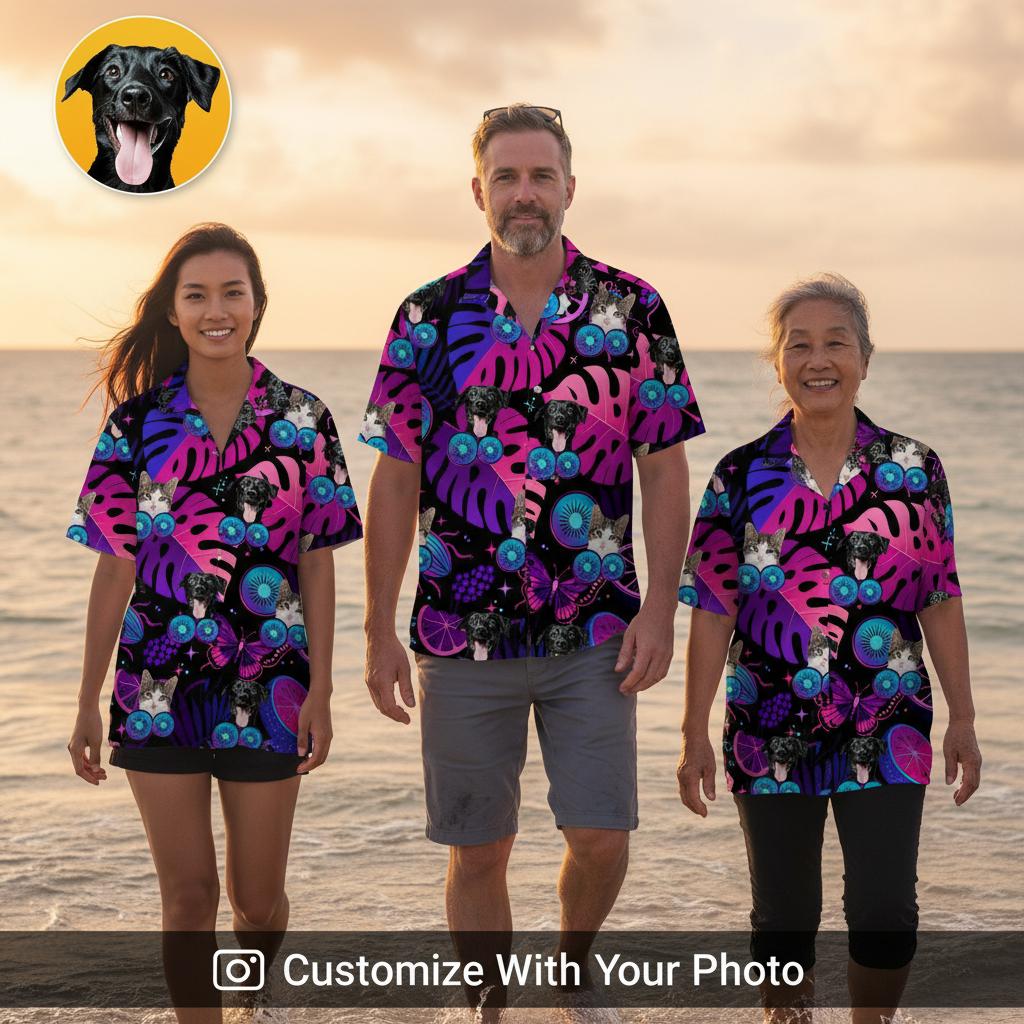 Family wearing matching black pineapple hawaiian shirt at tropical beach during golden hour