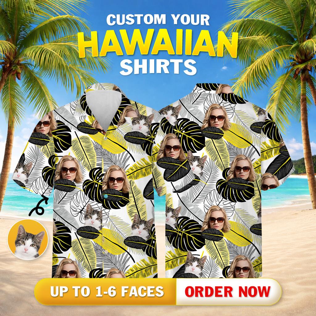 Matching cat and women's hawaiian shirts featuring leafy black and yellow print with faces in pattern