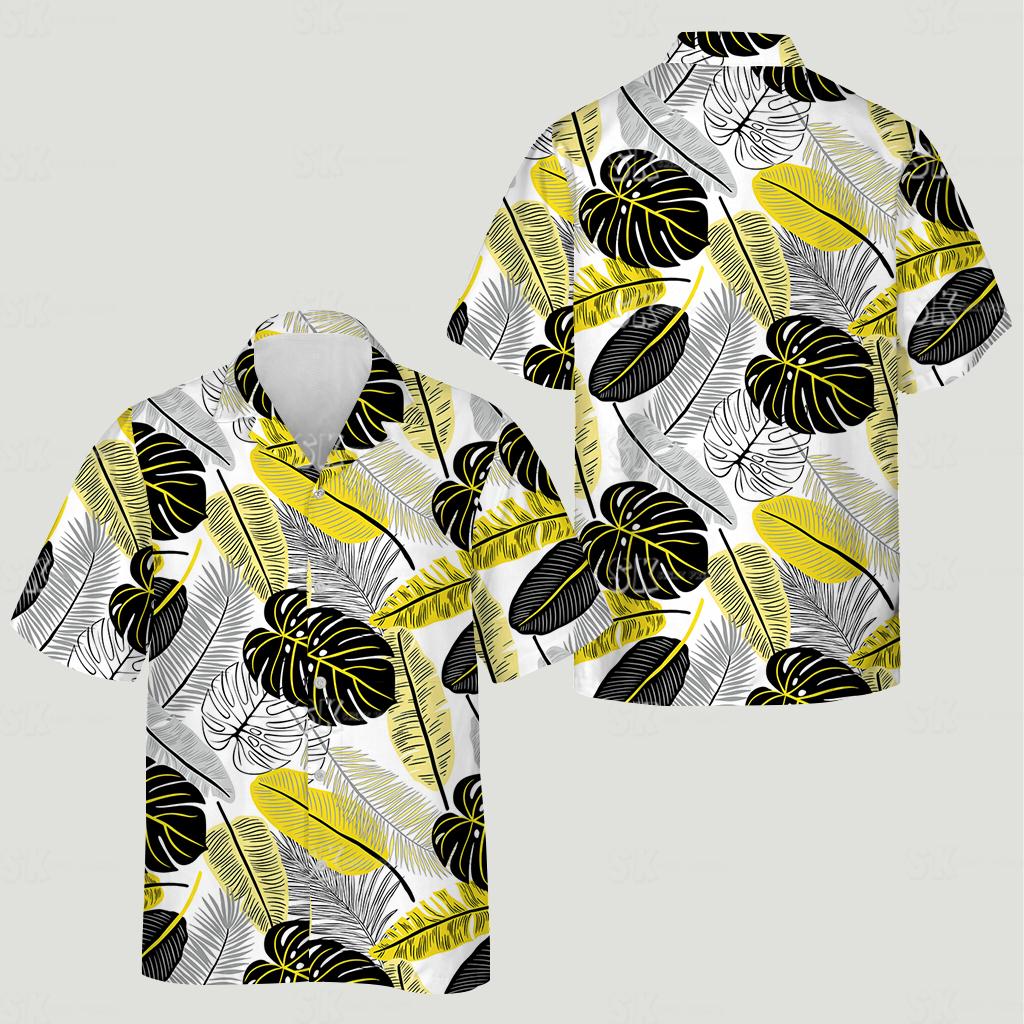 Matching cat and women's Hawaiian shirts featuring large monstera leaves in black, white, and yellow