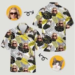 Matching cat and women's hawaiian shirts featuring woman with sunglasses and cat faces on tropical leaves