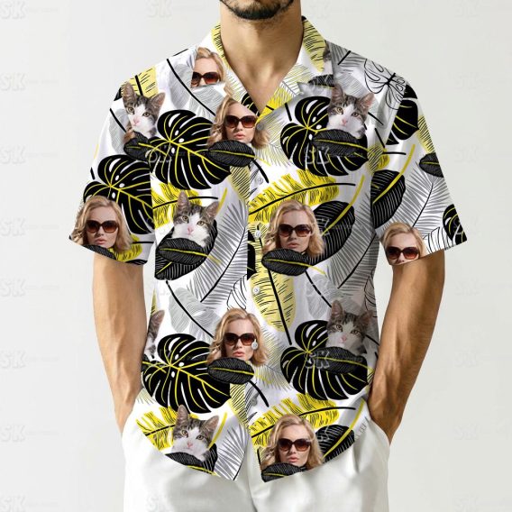 Women's hawaiian shirt showing matching cat design with tropical leaves and custom face printing