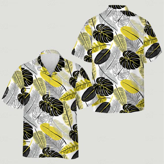 Hawaiian shirt pattern with matching cat and women's design showing stylized tropical leaf arrangement