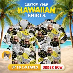 Custom matching cat and women's hawaiian shirts with repeated face photos on tropical background