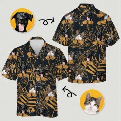 Man wearing matching hawaiian shirts with dog cat faces yellow floral pattern