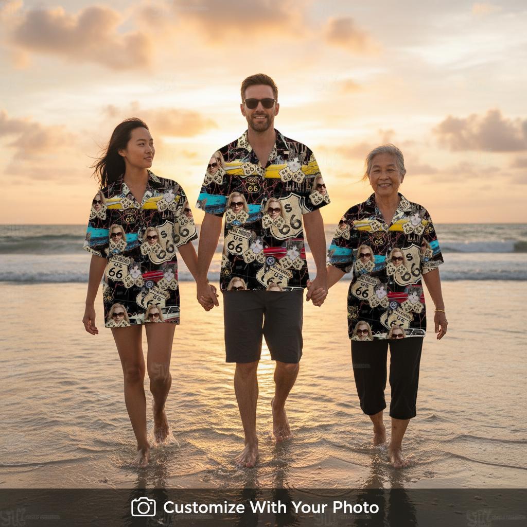 Family Group Wearing Matching Miata Hawaiian Shirts At Tropical Beach Golden Hour Family members wearing matching shirts standing shallow water tropical beach golden hour