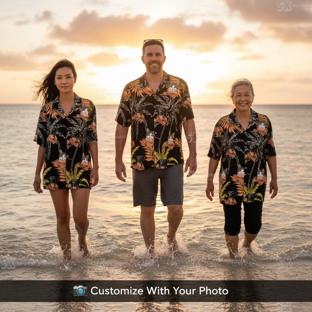 Family Group Mens Tropical Button Down Shirts at Golden Hour Beach Setting Group wearing matching mens hawaiian button down shirts standing in shallow beach water sunset