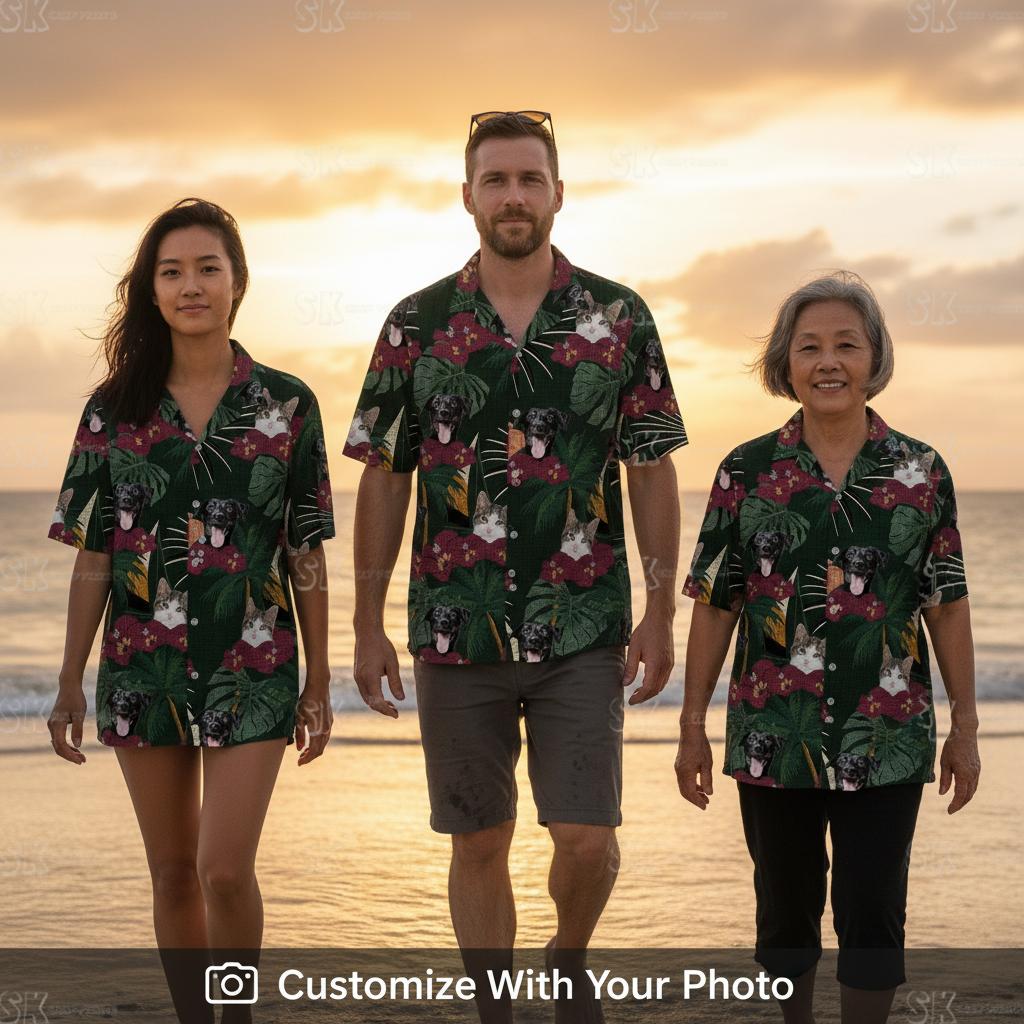 Matching Family Mens Plus Size Hawaiian Shirts Beach Golden Hour Orange Sky Group Group wearing matching shirts at beach golden hour orange sky shallow water