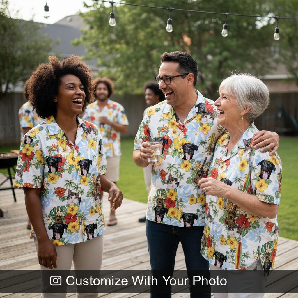 Matching family tropical short sleeve shirts group BBQ party wooden deck setting Family group wearing matching mens tropical short sleeve shirts at backyard BBQ party