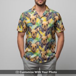 matching hawaiian shirt with dog faces and palm leaves worn by man on beach