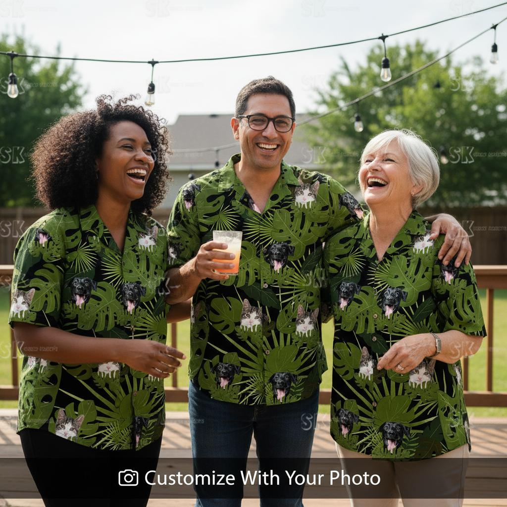 Group wearing matching personalized cat hawaiian shirts at backyard BBQ party setting