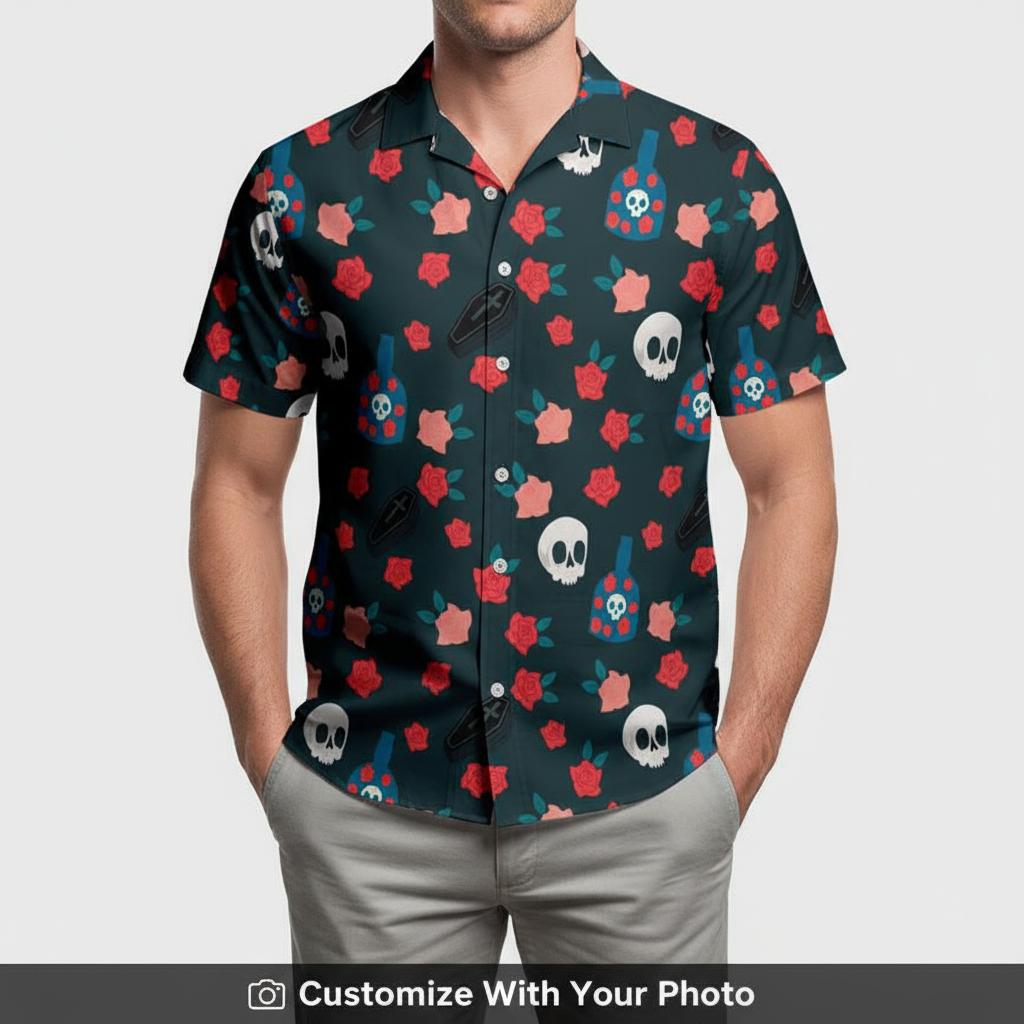 Man in gothic black Hawaiian shirt featuring skulls, red flowers, and white blue details