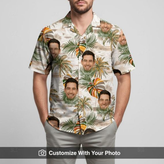 Man wearing vintage Hawaiian shirt with custom face and palm leaves design