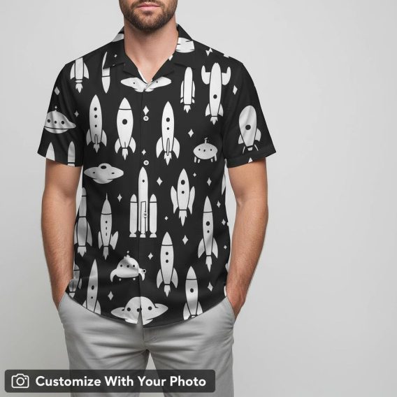 Man in Yoda Hawaiian shirt with black and white rockets and UFOs space print design