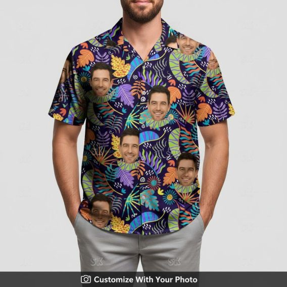 Man in retro 80s Hawaiian shirt with custom face and green orange floral pattern