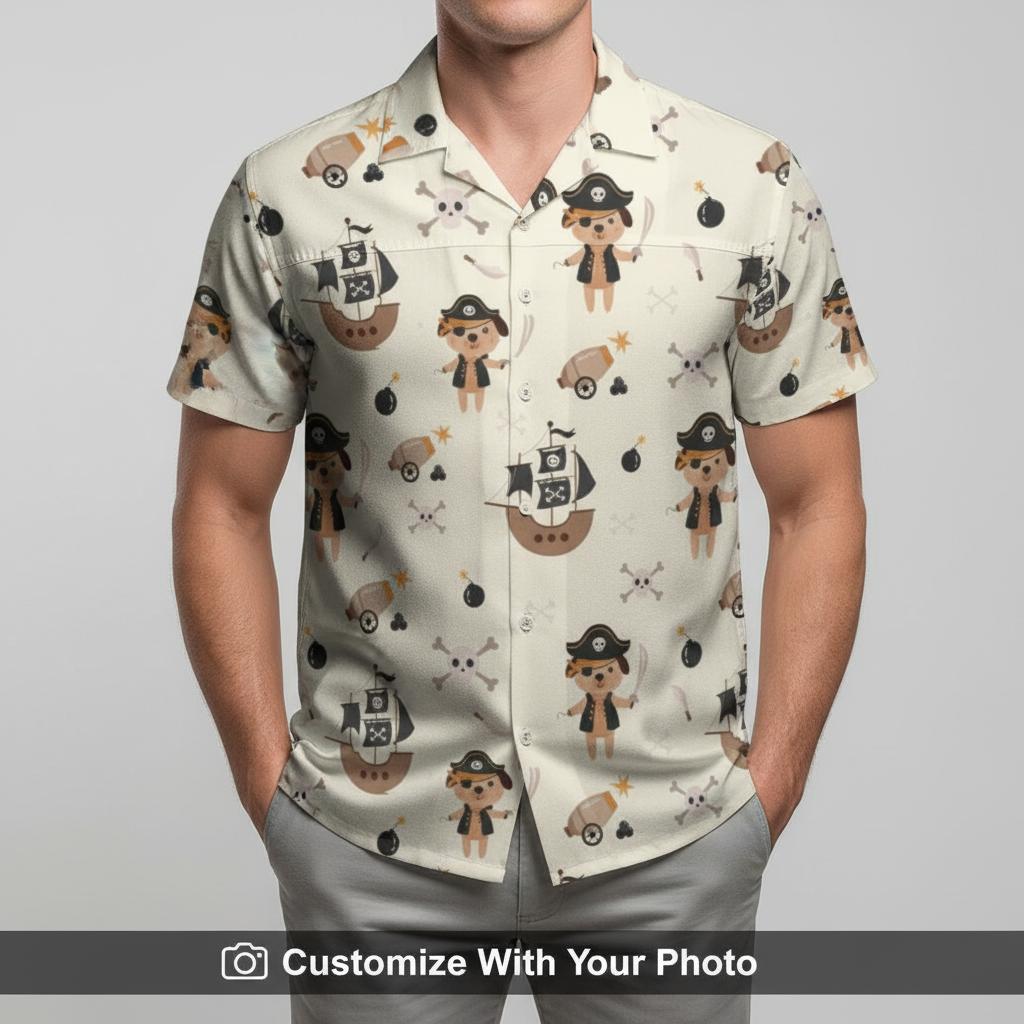 Man in beige pirate Hawaiian shirt featuring cartoon pirate, ships, and skulls design