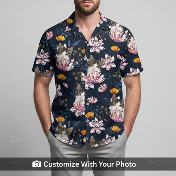 Man wearing custom cat Hawaiian shirt with bold floral design on dark background