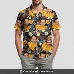 Man wearing black floral Hawaiian shirt with custom face and green leaf accents