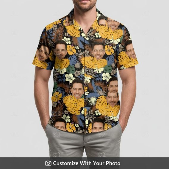 Man wearing black floral Hawaiian shirt with custom face and green leaf accents