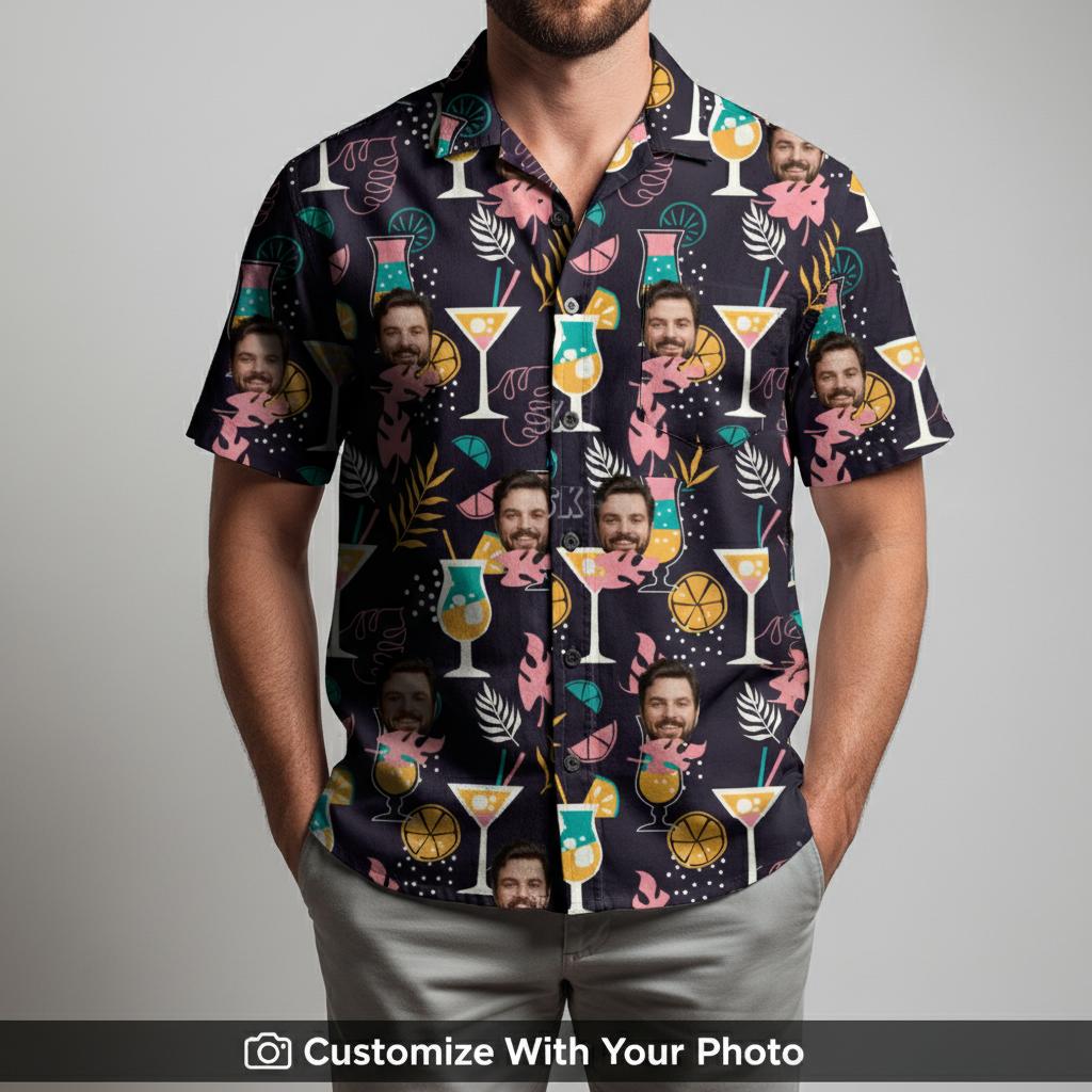 black hawaiian shirt custom face tropical pattern man wearing flowers