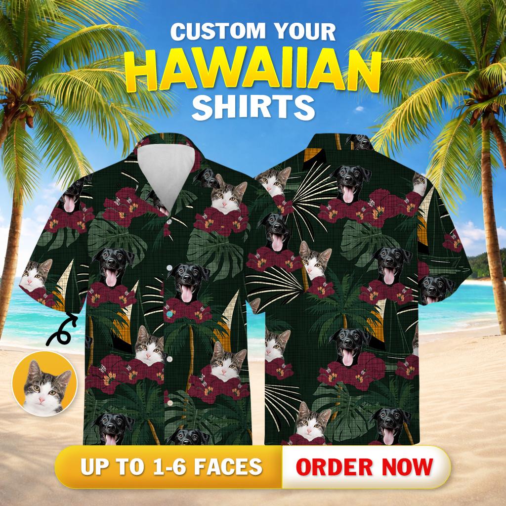 Cat dog images with red flowers green leaves on mens black hawaiian shirt