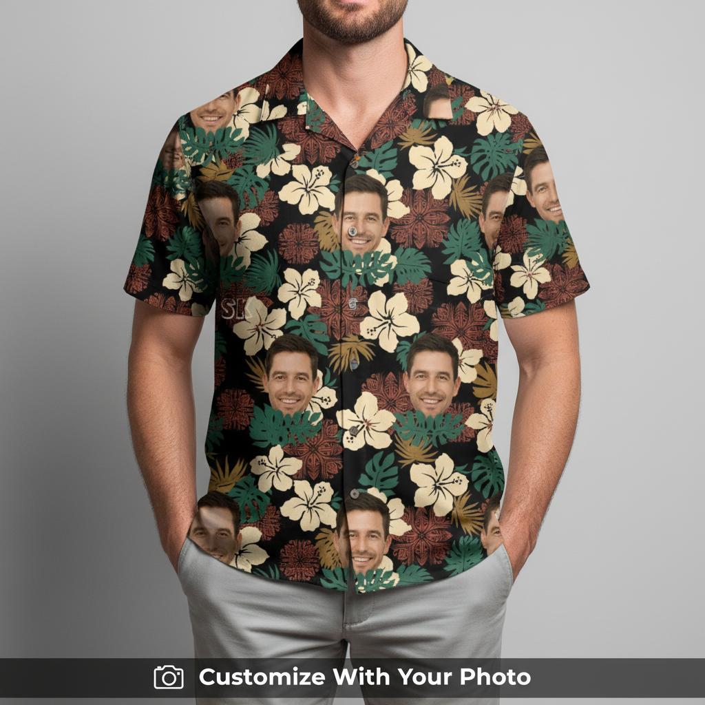 Man modeling black men's Hawaiian shirt with custom face, cream hibiscus, and green leaves