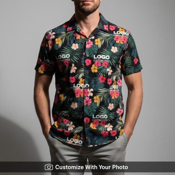 Man in a black Hawaiian shirt featuring vibrant tropical flowers and lush green leaves