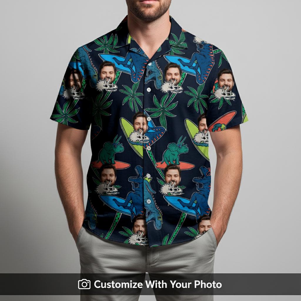 mens black hawaiian shirt dinosaur — black hawaiian shirt with fossil patterns and photo prints — man wearing dinosaur design